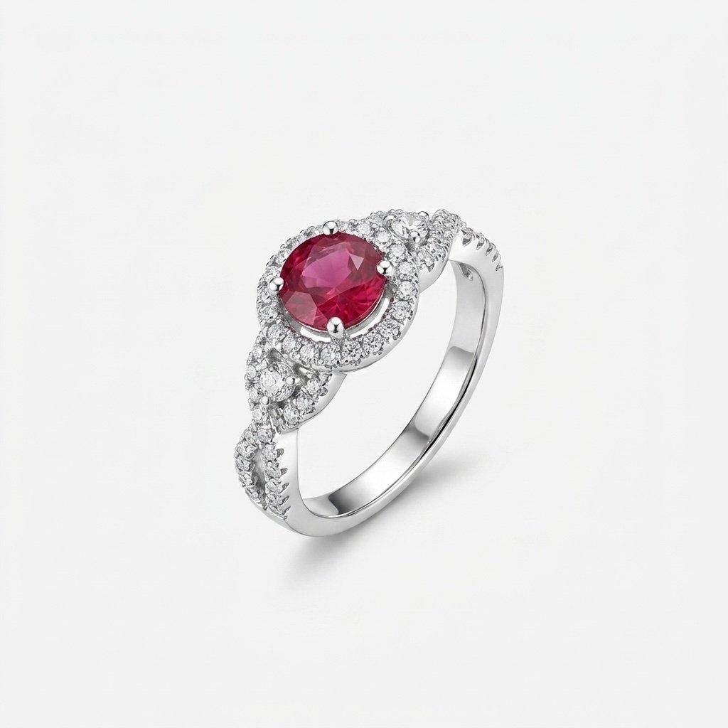 Twisted Ruby Halo Ring